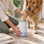 Dog's paw being cleaned in the blue and white Pawkit paw washer