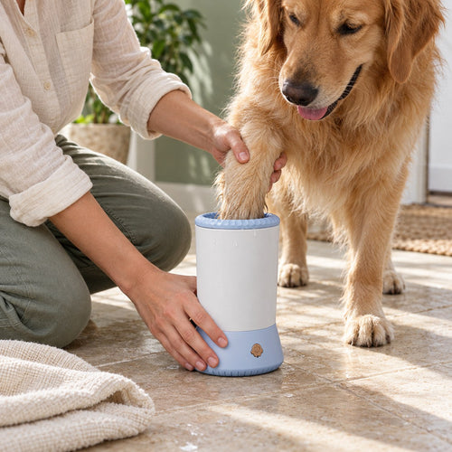 Dog's paw being cleaned in the blue and white Pawkit paw washer